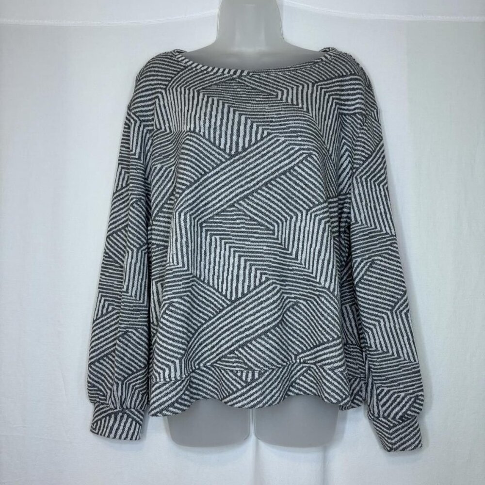 Ellen Tracy XXL Striped Herringbone Chevron Gray White Sweater